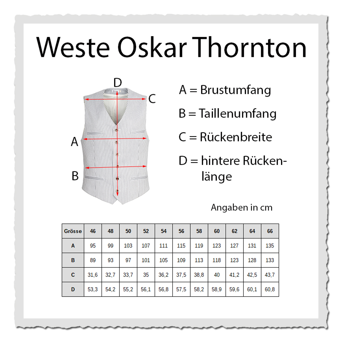 Größenübersicht zur Weste mit Maßgrafik, Buchstabenmarkierungen und Tabelle auf hellem Hintergrund.